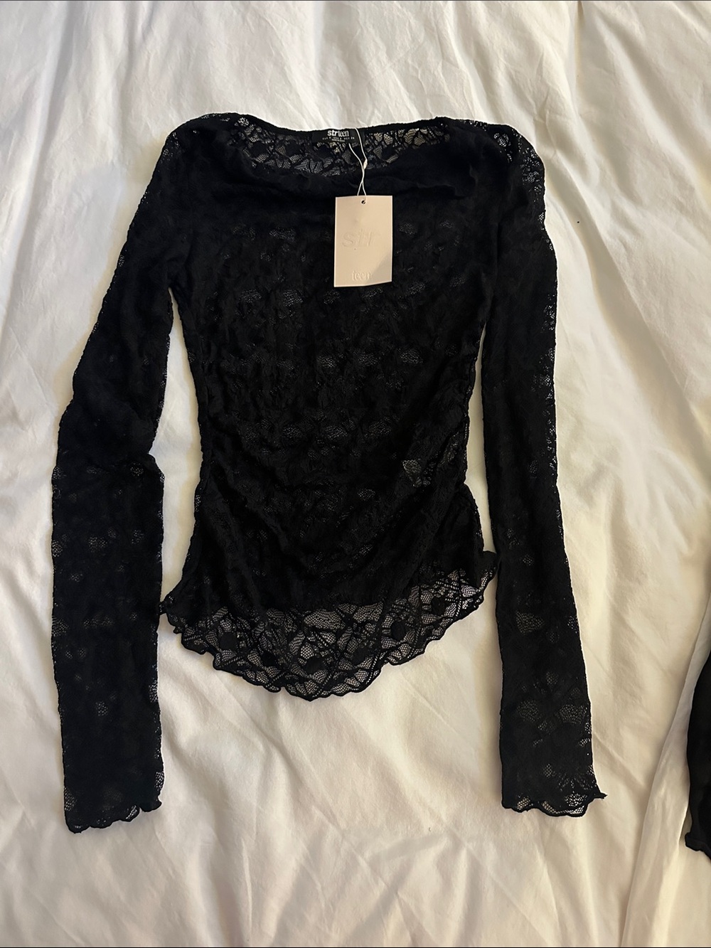 stradivarius Black Sheer Lace Long-Sleeve Top